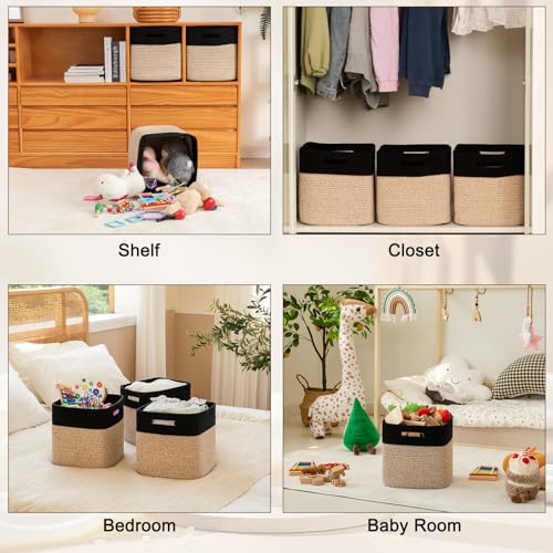 SIXDOVE Storage Cubes 11 Inch Cotton Rope Woven Baskets for Organizing, 3-Pack Cube Storage Bin | Square Baskets for Shleves, Closet, Baby Nursery Bins, Black & Brown