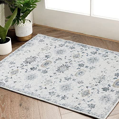 jinchan Area Rug 2x3 Vintage Accent Rug Entryway Washable Rug Kitchen Light Blue Floral Print Rug Doormat Foldable Thin Rug Boho Non Slip Soft Bath Mat Bedroom Living Room Dining Room