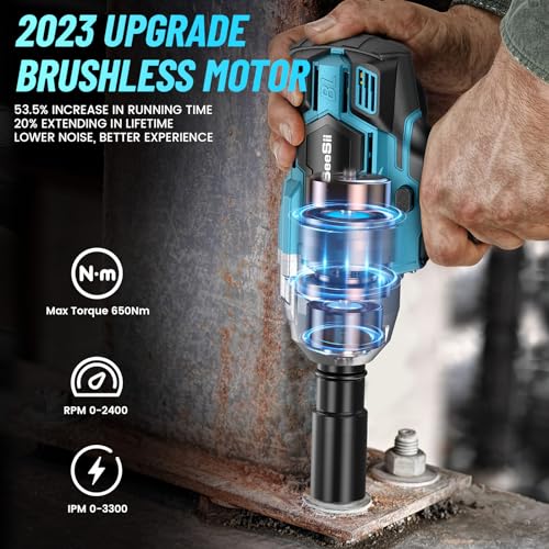 Seesii Cordless Impact Wrench, Brushless Impact Wrench 1/2 inch Max Torque 479 Ft-lbs(650Nm), 3300RPM w/ 2x 4.0 Battery, 6 Sockets,9 Drill,6 Screws, High Torque Power Impact Wrench for Car Home, WH700