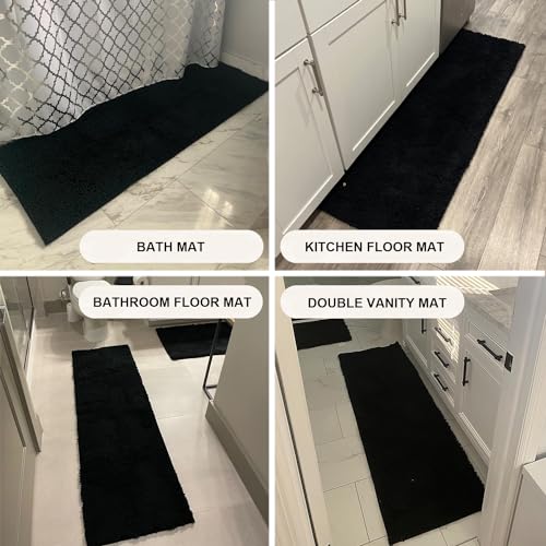 Bathroom Rug Mat Non Slip Black Extra Long Bath Mat for Bathroom Floor - Fluffy Soft, Ultra Absorbent and Machine Washable Striped Chenille Noodle Bath Runners Rugs for Bathroom (59" x 20", Black)