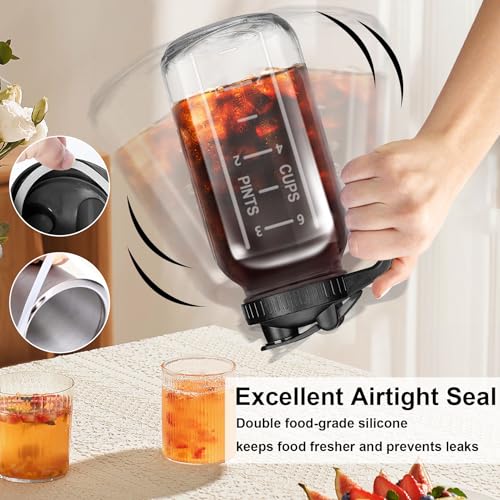 Glass Pitcher with Lid - 64OZ Wide Mouth Mason Jar Pitcher, 2 Quart Double Leak-proof Water Pitcher, Breastmilk Pitcher with Pour Spout Lids for Water, Juice, Milk, Tea, Iced Coffee, and Drinks