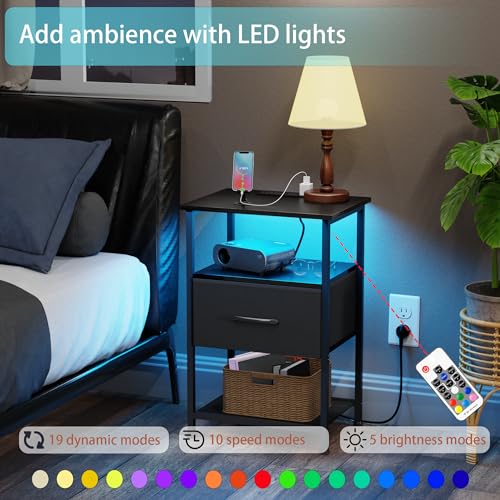 LAKEMID Nightstands Set of 2 with Charging Station and Drawer, End Table Bedside Table with 20 Colors LED Light Strip and 2 Layers Shelf for Bedroom Living Room Sofa Couch (Black)