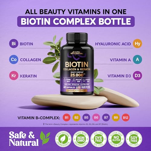 Biotin | Collagen | Keratin - Clinically Tested Supplement - Hair Growth Support - Skin & Nails Complex 25000 mcg - Hyaluronic Acid | B2 | B3 | B6 | B7 - Made in USA - For Women & Men | 60 Capsules