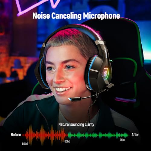 Ozeino Gaming Headset for Ps5, Ps4, PC with 7.1 Surround Sound, Gaming Headphones with Noise Cancelling Flexible Mic RGB Light Memory Earmuffs for Xbox Series X/S, PC, Mac, Laptop, Phone