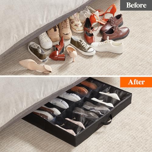 Lifewit Under Bed Shoe Storage Organizer Set of 2, 4.3 Inches Tall Low Profile Fabric Shoes Container Box with Clear Cover, Foldable Storage Bag with 2 Handles, Total Fits 24 Pairs of Shoes, Black