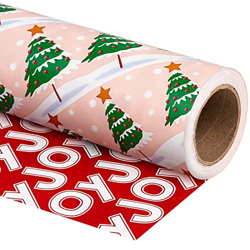 WRAPAHOLIC Reversible Christmas Wrapping Paper - Mini Roll - 17 Inch X 33 Feet - Christmas Tree and Joy Lettering Design for Holiday, Party, Celebration