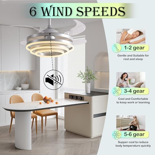 Panghuhu88 42" Invisible Ceiling Fan Chandelier Light,Modern DIY Ceiling Fan Light Remote Control 4 Retractable ABS Blades for Bedroom Living Dining Room Decoration (Silver)
