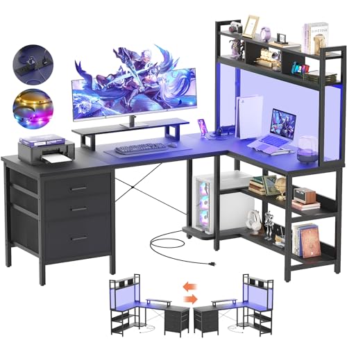 Aheaplus L Shaped Desk with Hutch, Gaming Desk with Led Lights, Reversible Computer Desk with Power Outlet, Corner Desk with File Drawer & Monitor Stand, Storage Shelves for Home Office, Black