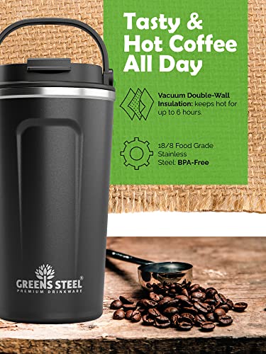Greens Steel Insulated Coffee Mug Reusable – 350 ml, Black I Thermos Cup with Handle Lid I Stainless Steel Hot Cold Drinks Waterproof Tea Coffee Ice Drink