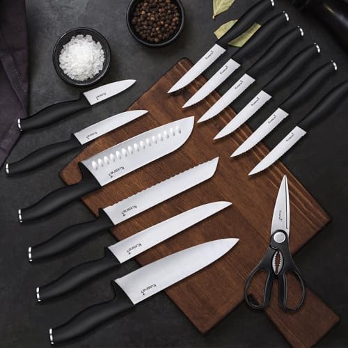 Kuisine Premium Chef Knife Set,High Carbon Stainless Steel Razor-Sharp Blade Ergonomic Handle,Upgraded Knife Block Set with Built-in Sharpener,Elegant Gift for Holiday(Acacia,15PCS)