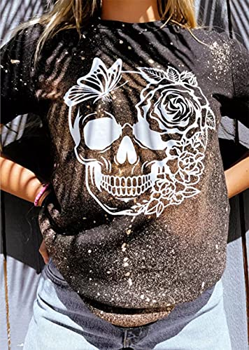 Halloween Skull Floral Bleached T-Shirt Women Funny Skull Face Graphic Shirt Casual Short Sleeve Fall Tops Tee (As Show, S)