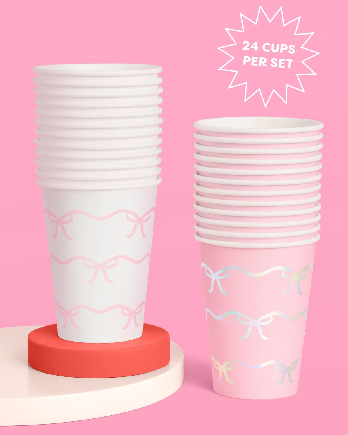 xo, Fetti Party Decorations Bow Paper Cups - 24 Disposable 14 oz Foil Cups | Pretty Bachelorette Decorations, Bow Theme Birthday Party, Bridal Engagement Drinkware, Coquette Cute Supplies