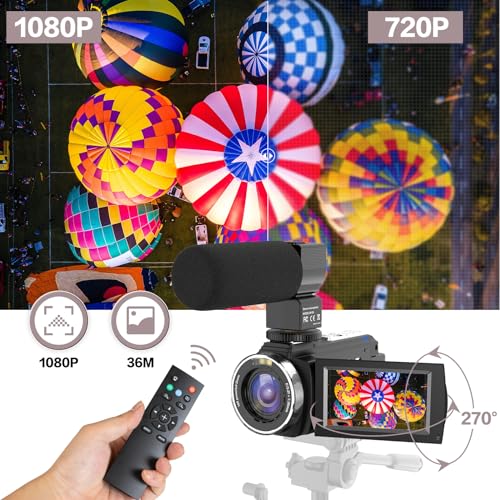 CUTELULY Video Camera Camcorder,HD 1080P 30FPS 36MP 270 Degree Rotation,16X Zoom Digital Camera, Night Vision Vlogging Camera for YouTube with External Microphone,Lens Hood, Remote Control, Stabilizer