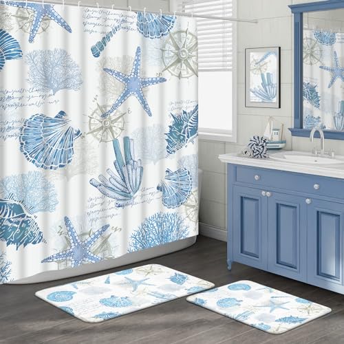 Likiyol 3 Pcs Nautical Beach Shower Curtain Sets with Rugs, Coastal Bathroom Set with Shower Curtain and Rugs, Ocean Bathroom Rug Set, 15.7'' x 23.6'' & 19.6'' x 31.5'' Rug for Brhroom, Kitchen
