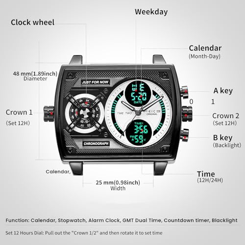 FEICE Men's Square Digital LED Watch - Multifunction Chronograph with Analog Quartz Movement, Stainless Steel Band, Dual Time Display, Waterproof Wristwatch FK814