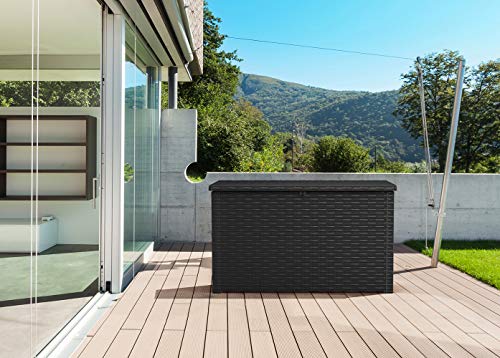 Keter Java XXL 230 Gallon Resin Rattan Look Large Outdoor Storage Deck Box for Patio Furniture Cushions, Pool Toys, and Garden Tools, Dark Grey