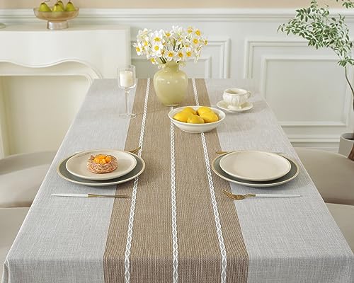 Alsoo Waterproof Square Tablecloth Rustic Table Cloth Cotton Linen Wrinkle Free Tablecloths for Kitchen Dining, Party, Holiday, Christmas, Grey Lines, 4 Seats/55x55 Inches