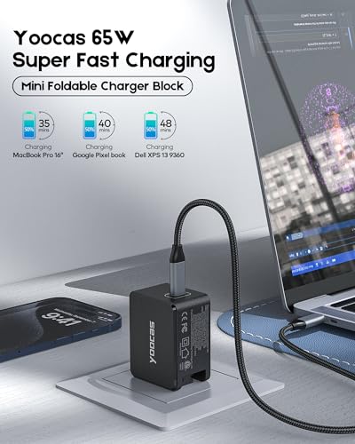 Yoocas USB C Wall Charger, 65W USB C GaN Charger Block, PD Fast Charger for iPhone 15/14/13, iPad Pro, Pixel 7/6, 60W Power Adapter Laptop MacBook Pro/Air Charger-Black