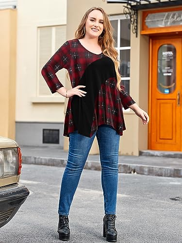 LARACE Color Block 3/4 Sleeves Tops For Women Plus Size Tunic V-neck Flattering Handkerchief Tee Shirt(White 6X)