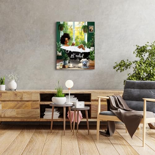 Bathroom Decor African American Wall Art Black Girl In Bathtub Canvas Wall Art Picture Modern Green Botanical Wall Decor Black Woman Framed Artwork For Bathroom Bedroom 8"X10"