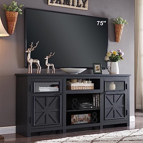 JXQTLINGMU Farmhouse TV Stand for 75 Inch TV, Entertainment Center with Storage, Modern TV Cabinet with Barn Doors, 66" Rustic TV Console for Living Room, Adjustable Shelf - Black