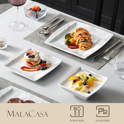 MALACASA Dinnerware Sets, 30-Piece Marble Plates and Bowls Sets for 6, Porcelain Square Dish Set with Dinner Plate, Dessert Plate and Soup Plate, Cup and Saucer, Kitchen Dinnerware, Series Amparo