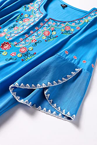 Ashir Aley Mexican Shirts Peasant Blouses Cotton Embroidered 3/4 Sleeve Bohemian Tops Boho Clothes for Women Summer and Fiesta Blue