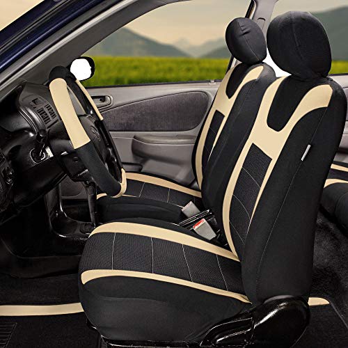 FH Group Front Set Cloth Car Seat Covers for Low Back Car Seats with Removable Headrest, Universal Fit, Airbag Compatible, Seat Cover for SUV, Sedan, Van, Beige