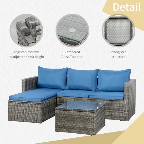 JAMFLY Patio Furniture Set 3 Piece Outdoor Sectional Patio Sofa, All-Weather Wicker Rattan Outdoor Furniture Set with Glass Table and Cushions,Grey