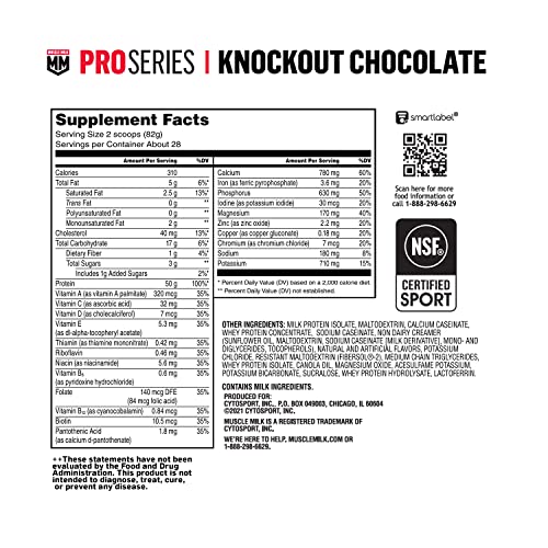 Muscle Milk Pro Series Protein Powder Supplement, Knockout Chocolate, 5 Pound, 28 Servings, 50g Protein, 3g Sugar, 20 Vitamins & Minerals, NSF Certified for Sport, Workout Recovery