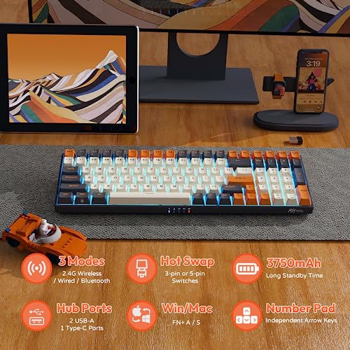 RK ROYAL KLUDGE RK100 Wireless Mechanical Keyboard RGB Backlit Bluetooth5.1/2.4G/Wired 96% Full Size 100-Key Hot Swappable Gaming Keyboard Blue Switch Carbon