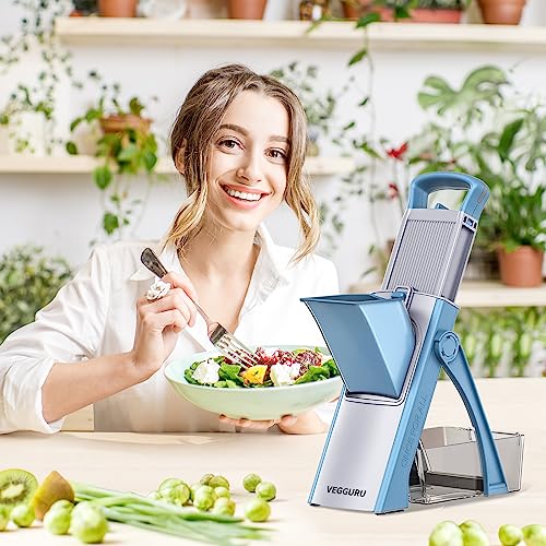 VEGGURU Safer Mandoline Food Slicer, Thickness Adjustable Vegetable Chopper, Onion Chopper Potato Slicer Tomato Cutter Dicer, Multifunctional Kithcen Food Fruit Chopper