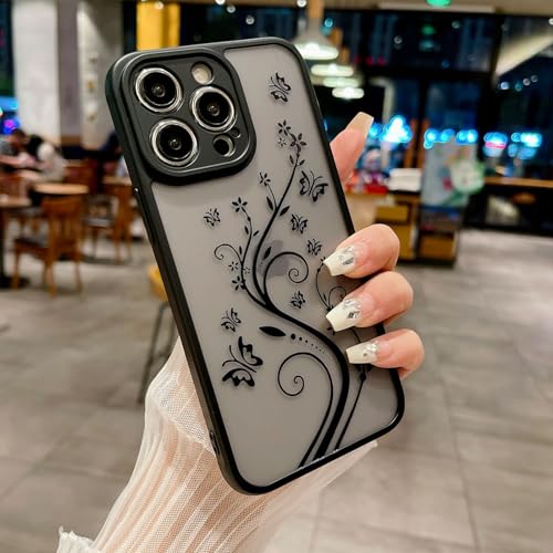 Weonmov for iPhone 12 Pro Case, Flowers Butterfly Slim Thin Hard PC Frosted Cover Soft TPU Bumper, Translucent Matte Shockproof Phone Case for Women Girls - Black (Floral Butterfly)