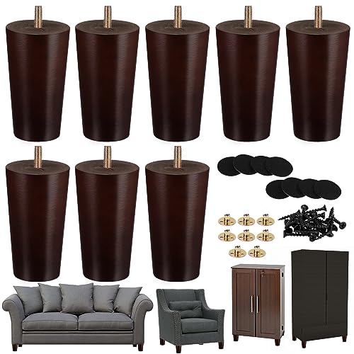 Ruisita 8 Pieces Furniture Couch Legs 4 Inch Round Solid Wood Sofa Legs Natural Wooden Couch Legs Replacement Legs for Armchair, Cabinet, Chair, Footstool, Mid Century Modern Dresser, Brown