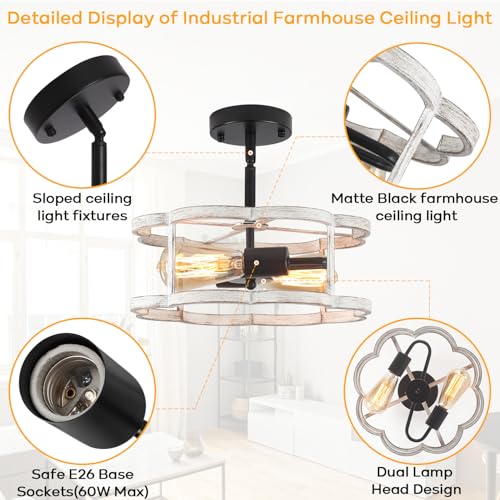 Semi Flush Mount Ceiling Light, Sloped Nursery Ceilings Lights Fixture White Farmhouse 2-Light Dining Room Fixtures, Adjustable Height Lighting for Kitchen, Entryway, Hallway, Foyer