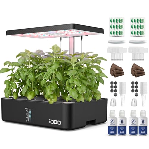 iDOO Hydroponics Growing System Kit 12Pods, Birthday Gifts for Mom Women, Herb Garden Indoor with LED Grow Light for Home, Built-in Fan, Auto-Timer, Adjustable Height Up to 11.3", 12Pods Kit-Black