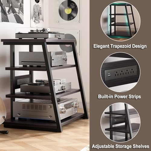 armocity 4-Tier AV Media Stand with Power Strips, Corner TV Stand with LED Lights, Rack Audio Tower with Adjustable Shelves, Corner Entertainment Center, 30'', Black Ebony