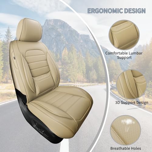 COVER EMPIRE Car Seat Covers Front Seats, Universal Leather Seat Covers for Cars, Waterproof Automotive Seat Covers for Trucks SUVs Sedans, Full Coverage Vehicle Seat Covers with Lumbar Support, Beige