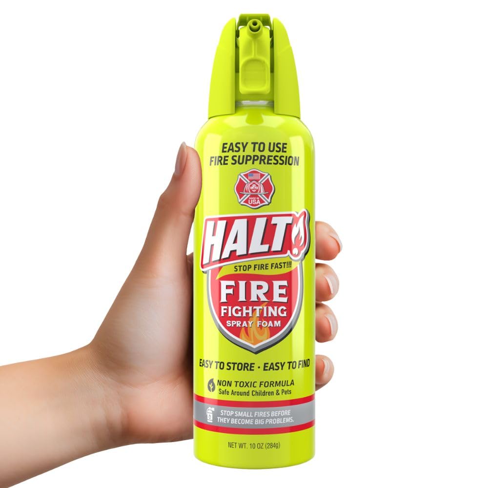 HALT! Handheld Fire Fighting Foam Spray – Non-Toxic, Easy to Use, Store, and Find in Emergency – Compact & Portable – Ideal for Home, Kitchen, Apartment, Car, BBQ, Tailgate – Made in USA (Single Pack)