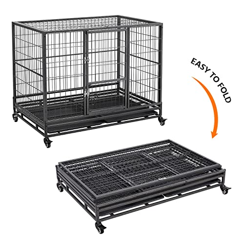 Yaheetech 42-inch Dog Crate Heavy Duty Metal Dog Crate for The House Indoor Dog Kennel for Small/Medium/Large Dogs w/Double Doors & Locks & Double Tray & Lockable Wheels Pet Cage Black