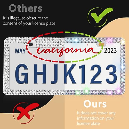 Tecfino Bling License Plate Frames, 2 Pack Bling License Plate Holder for Women Girl, Handmade Glitter Crystal Diamond Lincense Plate Cover AB Color