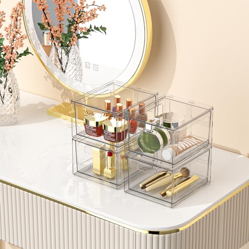 SpaceHacks Stackable Plastic Makeup Organizer Drawers, Acrylic Organizers, Clear Storage Bins with Pull-Out Handles for Vanity, Kitchen Cabinets, Pantry