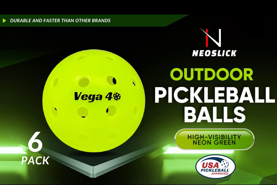 NEOSLICK Vega 40 Outdoor Pickleball Balls|USA Pickleball Approved (USAPA)|12-Pack|6-PackHigh-Visibility Neon Green| Best Pickleball Balls for Recreational and Professional Players