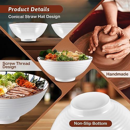 YTLEMON Ramen Bowls Set of Ceramic, 2 Sets of 34 Ounces Large Japanese Serving Bowls with Chopsticks and Spoons Forks for Pho, Dinnerware for New Apartments Suitable as Housewarming Gifts(Black)