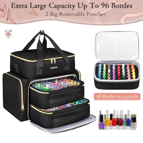 YOREPEK Extra Large Nail Polish Organizer Case Holds 96 to 100+ Bottles (15ml/0.5 fl.oz) Nail Lamp, Nail Polish Travel Case Bag with 2 Removable Pouches Fits Nail Suppiles, Gift for Manicurist, Grils