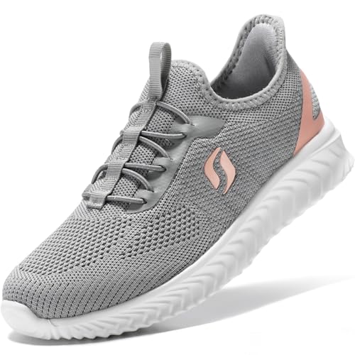 STQ Slip ins Walking Shoes Women Arch Support Slip on Hands Free Sneakers Non Slip Maternity Fashion Orthopedic Diabetic Light Grey Pink Size 6