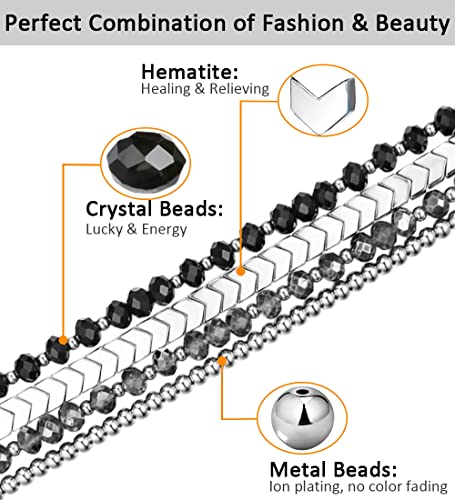 fastgo Beaded Bracelet Band Compatible with Apple Watch 45mm 44mm 42mm 49mm Women Series 7, Crystal Elastic Stretchy Strap for Iwatch SE & Series 9 Ultra 8 7 6 5 4 3 2 1(Black/Silver)