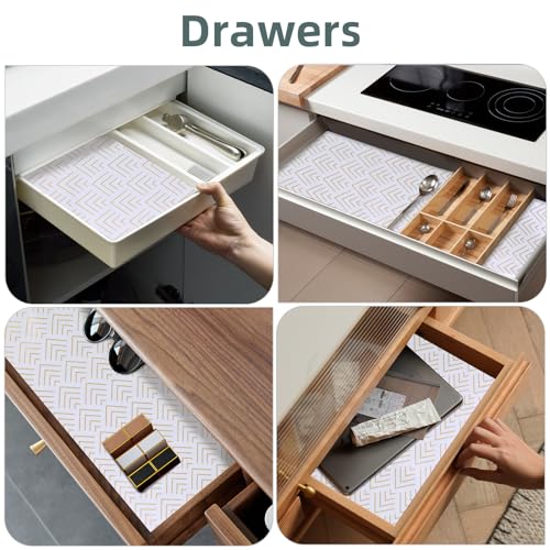 Shelf Liners for Kitchen Cabinets 12in x 20FT, Non Adhesive Cabinet Liner Strong Non-Slip Thickened Gold Green Geometric Drawer Liner, Easy to Clean for Shelf, Cabinet with Knife and Tape Measure