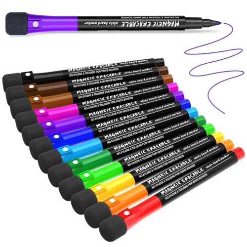 Magnetic Dry Erase Markers Fine Point Tip, 12 Colors White Board Markers Dry Erase Marker with Eraser Cap, Low Odor Whiteboard Markers Thin Marking for Kids Teachers Office School Supplies