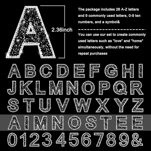 46 Pcs Rhinestone Letter Stickers Bling Number Iron on Letter Patches Crystal Self Adhesive Rhinestones Word Sticker for Art Crafts Clothing DIY Decors（Black）